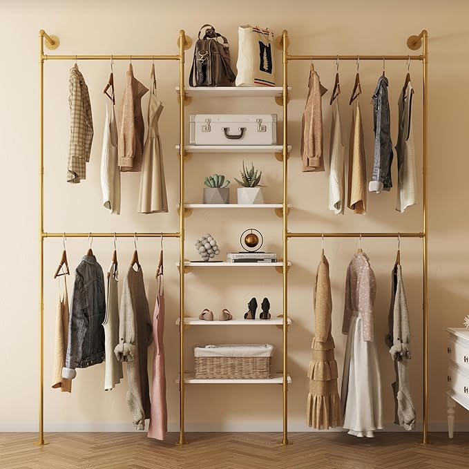 Industrial Pipe Clothes Rack, DÉCOR Wall Mounted Clothing Rack, for Walk-in Wardrobe Multi-Purpose Storage Clothes Hanging Shelf, 2 Installation Methods Gold