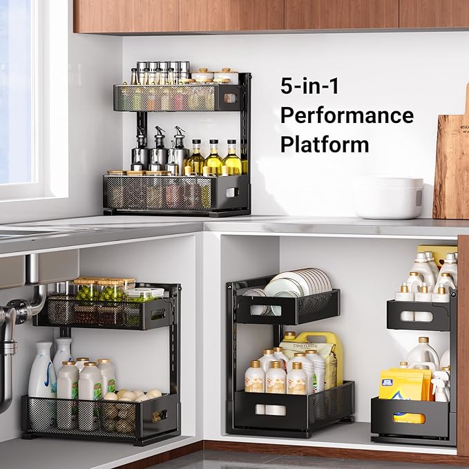 Under Sink Organizer, 2-Tier Metal Under Sink Organizers and Storage, Slide Out Pull Out Cabinet Organizer for Kitchen, Bathroom, Pantry, Laundry, Study, Black