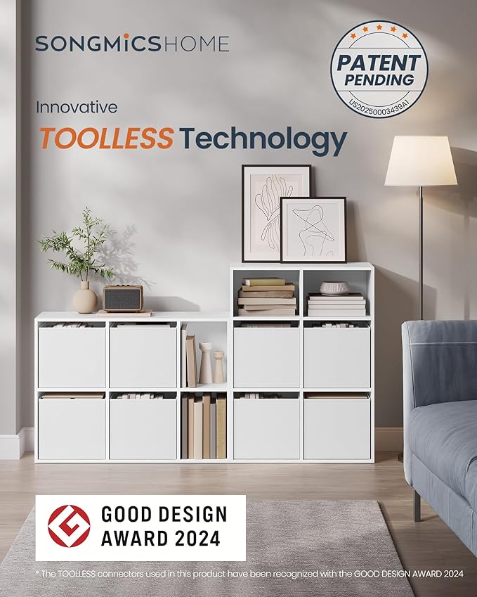 SONGMICS HOME Bookshelf, Superfast Toolless Assembly, Cube Storage Organizer with 6 Compartments, Bookcase, 4 Fabric Drawers, 10.6 x 32.7 x 24.3 Inches, Snow White ULBC196W01