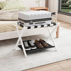 Smuxee White Bamboo Luggage Rack for Guest Room, Foldable Suitcase Stand with Storage Shelf, Easily Assembled Luggage Stand with 5 Nylon Straps for Guest Room Bedroom Hotel