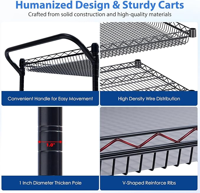 WDT 1350Lbs Capacity Heavy Duty Rolling Utility Cart, Large 3 Tier Rolling Carts with Wheels 24" Dx45 Wx39 H, NSF Commercial Grade Roll Metal Cart, Trolley Serving Cart for Garage, Kitchen, Warehouse