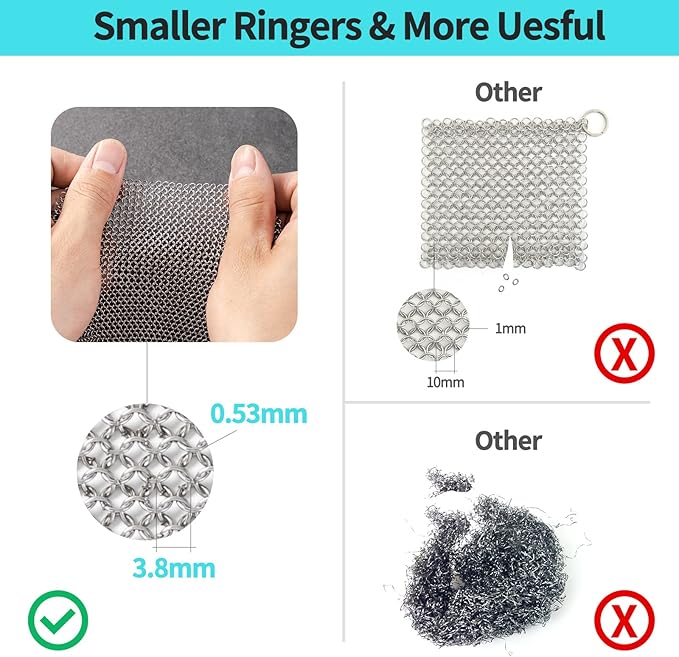 Cast Iron Cleaner 8 * 8" Upgraded Stainless Steel Chainmail Scrubber SJZSUNRUN 316L Metal Skillet for Pan, Camping, RV, BBQ, Baking, Vases, Barbecue Grill, Copper Cooker Cleaning