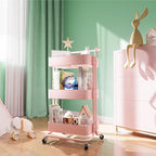 Metal Rolling Storage Cart, 3-Tier Utility Cart with Wheels, Multifunctional Organizer Storage for Kitchen, Bedroom, Office, Laundry Room, Dorm Room Essentials (Pink)