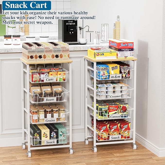 5-Tier Small Kitchen Storage Cart on Wheels with Pull-Out Drawers, Rolling Pantry and Snack Organizer Cart with Wood Top, Kitchen Floor Fruit Basket Stand for Fruit Potato Onion Veggie Snack