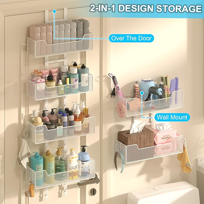 Over The Door Organizer, Metal Hanging Door Organizer with 6 Adjustable Baskets and 5 Hooks, Behind The Door Storage for Closet Pantry Cabinet Kitchen Bathroom Bedroom, White