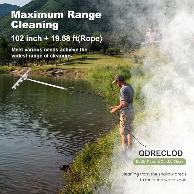 Landscape Rake, 36" Aluminum Heavy Duty Lake Weed Rake, Multifunctional Detachable Aquatic with 102'' Extension Handle & 20Ft Rope, for Weed Algae Removal Loosening Soil Lawn Garden Care