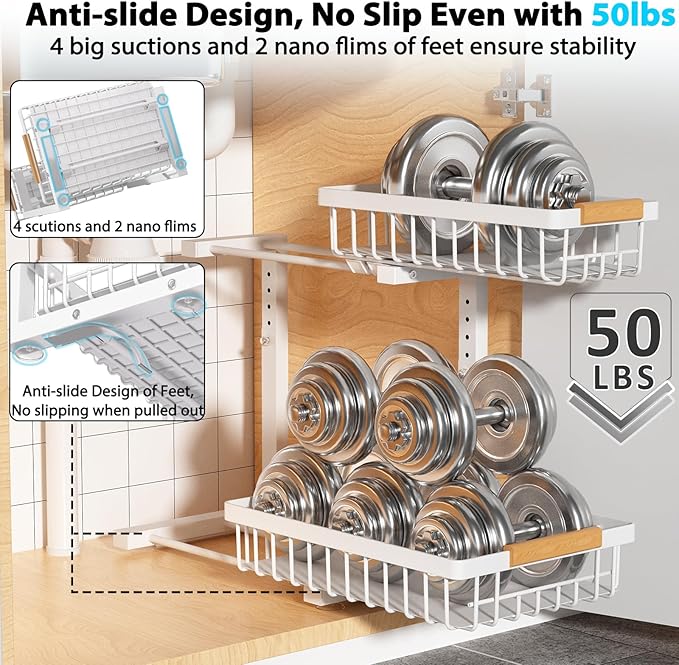 Under Sink Organizer Storage 1 pack, 2 Tier Slide Out Height Adjustable Pull Out Cabinet Organizer Drawers, Kitchen Bathroom Large Capacity Metal Under Sink Rack Caddy Basket Shelves, White