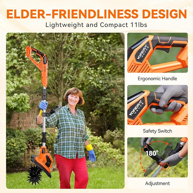 Cordless Tiller Cultivator, 21V 360RPM Electric Garden Tiller with 2x2.0Ah Battery & Charger, Battery Powered Garden Cultivator, 9" Width, 6.7" Depth, 48 Steel Tines Garden Rototiller for Gardening