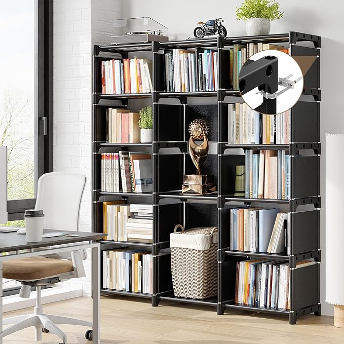 REIBII Book Shelf, 13 Cube Storage Organizer, DIY Tall Bookcase for Bedroom, Office, Living Room, 12" D x 47.24" W x 59.05" H, Black