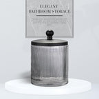 Gray Colored Tranlucent Apothecary Ribbed Geo Etched Glass Jar W/Matte Black Metal Lid Cover for Bathroom Organization, Cotton Balls, Q Tips, and Small Accessories, Bathroom Storage