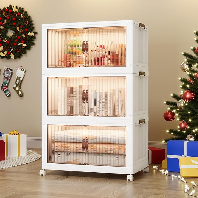 Jalove 90Gal Large Storage Bins with lids, 360QT Plastic Stackable Storage Containers with Wheels, Collapsible Closet Organizer and Storage Drawers,Clothes Organization for Cabinet Home, 3Pack White