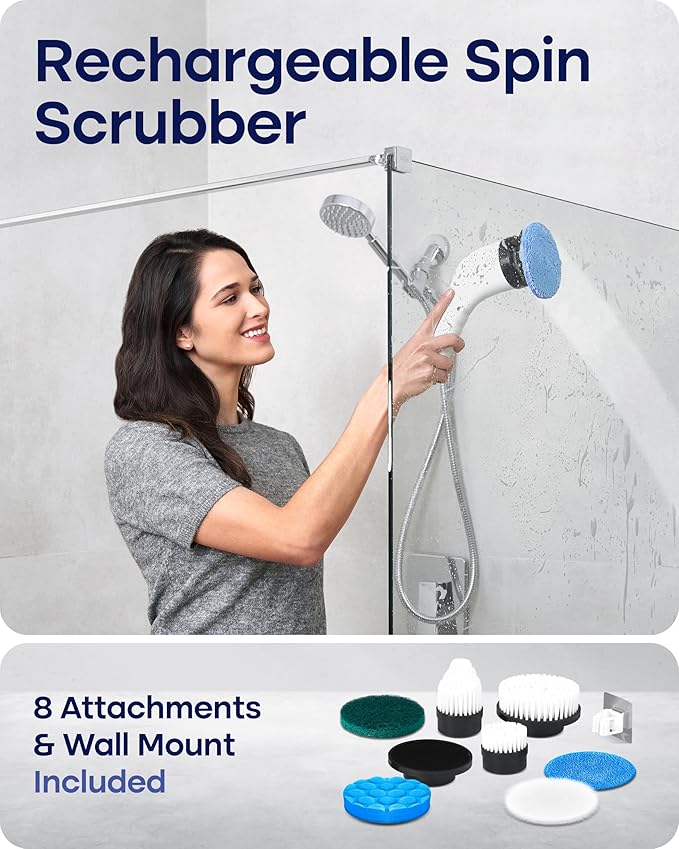 Electric Spin Scrubber for Cleaning - Shower Scrubber with Long Handle and 7 Replaceable Heads - 2 Speed Cordless Shower Brush for Cleaning with Long Battery Life, White