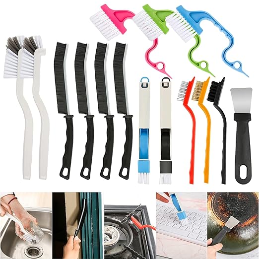 Multifunctional Cleaning Brush Set, 15Piece Household Crevice Tool Kit with Long Handle Thin Scrub for Bathroom Toilet, Small Kitchen Gap Sliding Door Flat Narrow Spaces Hard Bristle Home
