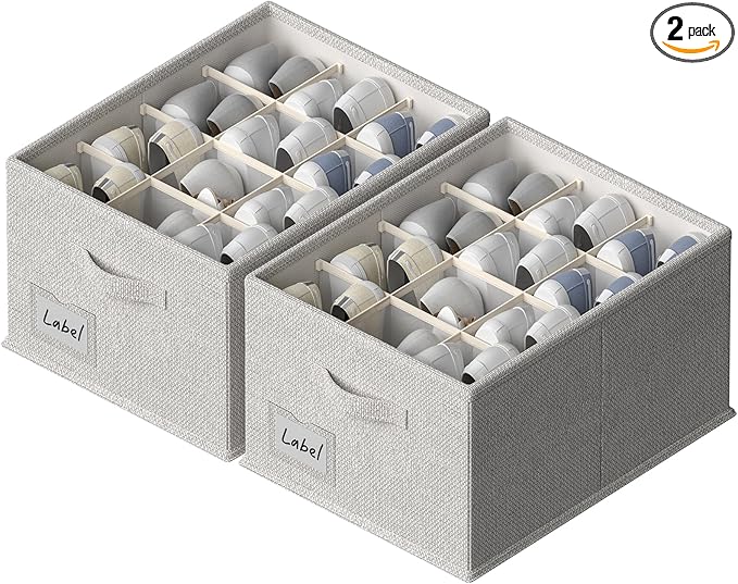FHSQX 2 Pack Shoe Organizer for Closet,Fits up to 24 Pairs,Fabric Shoe Storage Bins,Large Shoe Box Storage Containers with Bottom Support for Shoes (Gray, (16.5 * 12.6 * 9.5) x1)
