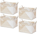 15L Laundry Baskets Waterproof Storage Baskets For Shelves Large Laundry Hamper With Leather Handle -set of 6 Cube Organizers Woven Bins for Bathroom,Bedroom,Pantry,Clothes,Car & Towels-Beige