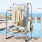 ELYKEN 40'' Tall Standing Towel Racks, 3 Tier Towel Drying Rack Outdoor, Pool Towel Stand Blanket Holder with Shelf & 4 Removable Hooks, Metal Freestanding Towel Racks for Bathroom, Smooth Silver