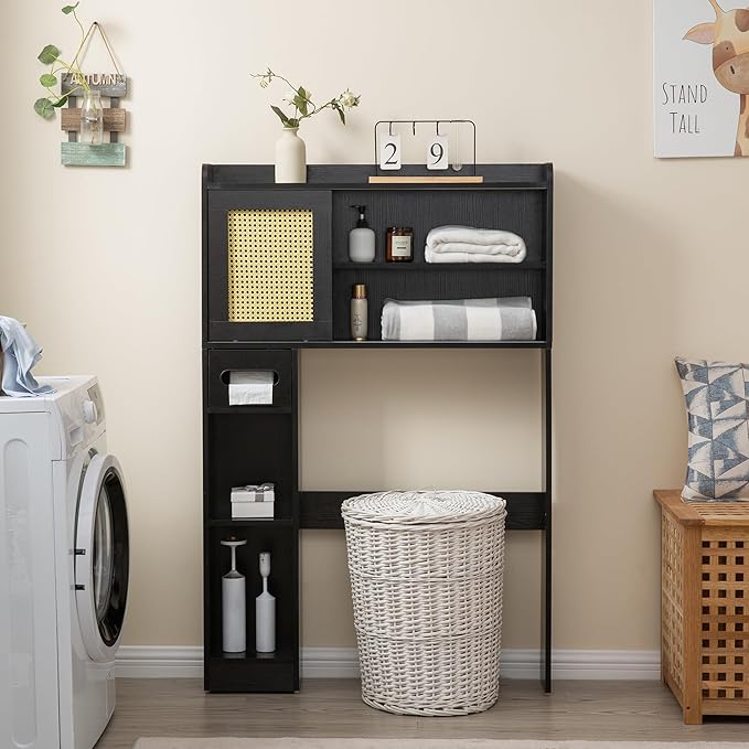 6Tier Over The Toilet Storage Cabinet, Freestanding Above Toilet Space Saver Rack w/Adjustable Shelves, Sliding Door, Multifunctional Over Toilet Organizer for Bathroom (Black)