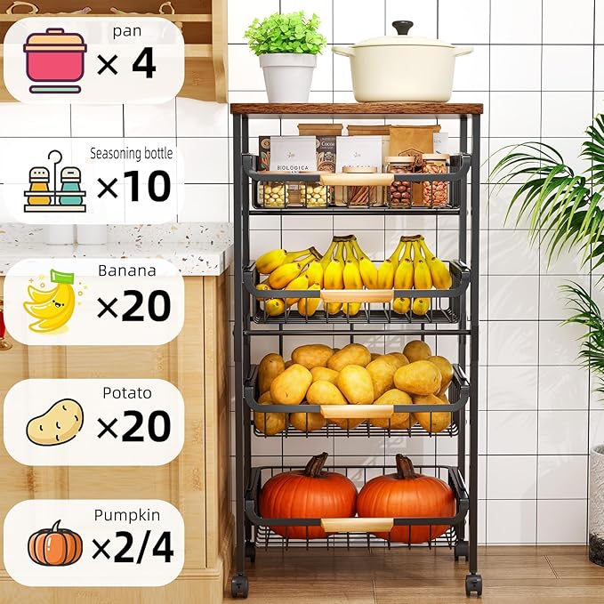 5-Tier Rolling Utility Cart, Kitchen Storage Cart with Wheels, Large Capacity Utility Cart with Wooden Tabletop & Mesh Baskets for Kitchen, Bathroom, Laundry Room