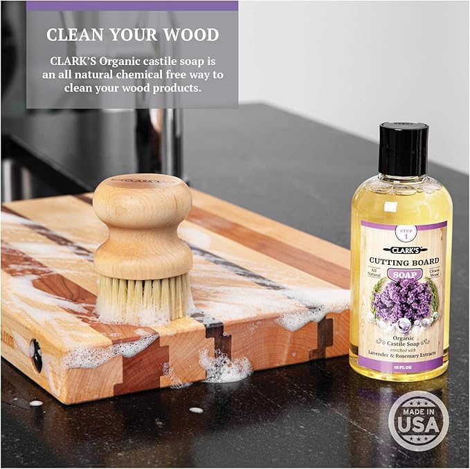 CLARK'S Cutting Board Care Kit - Includes Mineral Oil - Finishing Wax (6oz) - Applicator - Scrub Brush - Buffing Pad - Infused with Lavender and Rosemary Extract - Features Clark's Cutting Board Wax