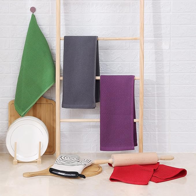 Homaxy 100% Cotton Waffle Weave Kitchen Dish Towels, Ultra Soft Absorbent Quick Drying Cleaning Towel, 13 x 28 Inches, 12-Pack, Grass Green