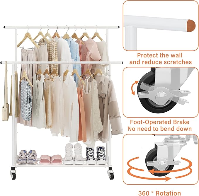 Calmootey Double Rod Clothing Garment Rack,Rolling Hanging Clothes Rack,Portable Clothes Organizer for Bedroom,Living Room,Clothing Store,White