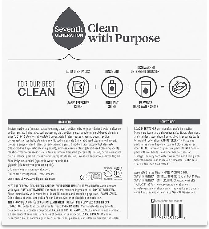 Seventh Generation Power+ Dishwasher Detergent Packs Fresh Citrus scent 1 for sparkling dishes Dishwasher tabs 70 count