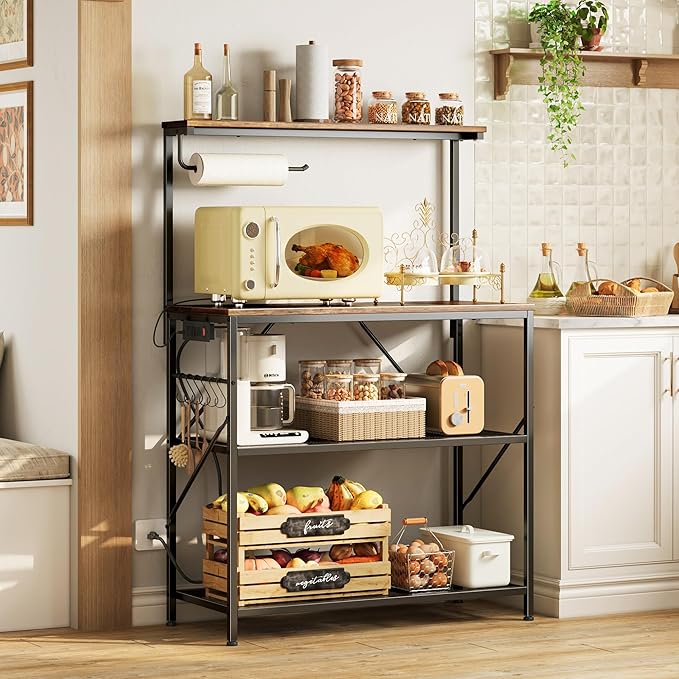 Huuger 4-Tier Bakers Rack with Reversible Power Outlet, 31.5 Inch Microwave Stand, Kitchen Bar, with Top Shelf, 6 S Hooks, Rustic Brown