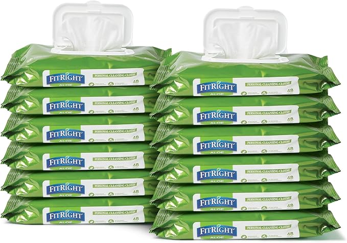 FitRight Aloe Personal Cleansing Cloth Wipes, Scented, 576 Count, 8 x 10 inch Adult Large Incontinence Wipes