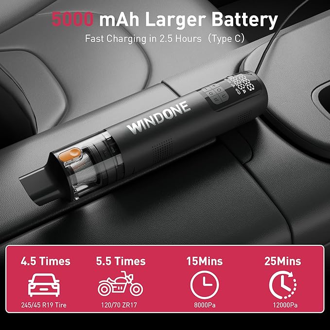 Car Vacuum, 12000Pa 2-in-1 Cleaner & Tire Inflator 150PSI, 60W Brushless Motor, Cordless Handheld Vacuum & Air Pump with Pressure Gauge, LED Light, Multi-Nozzles for Car, Home, Office