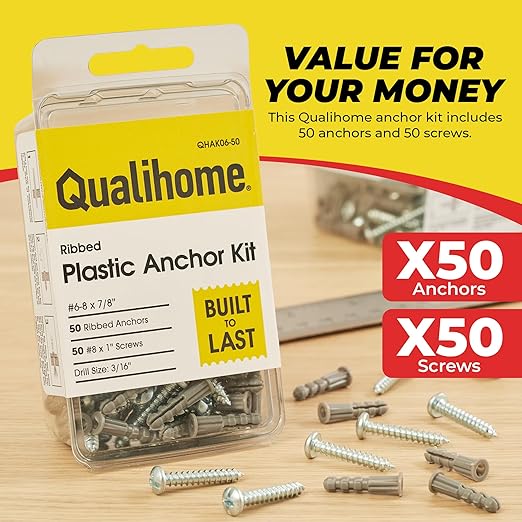 Qualihome Ribbed Plastic Drywall Anchor Kit, Wall Anchors and Screws for Drywall Includes Anchors, & Screws, 1 Masonry Drill Bit, Mounting Tolls for Decor, Shelving ([50 Pack] 6-8 x 7/8")