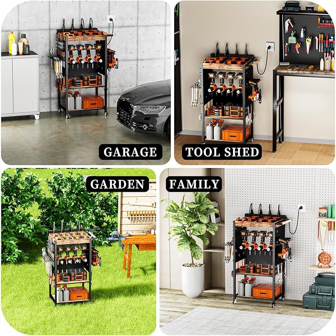 Heavy-Duty Power Tool Organizer with Charging Station,Premium Thickened Wood Panels,4 Layers + 4 Multi-Functional Side Hooks ，Integrated Design Power Tool Organizers and Storage