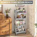 Goovilla 4 Tier Rolling Utility Cart Organizer with Removable Drawer, Stable and Sturdy Grey Rolling Storage Carts with 2 Lockable Wheels for Bathroom, Kitchen, Snack, Craft, Makeup, Baby Essentials