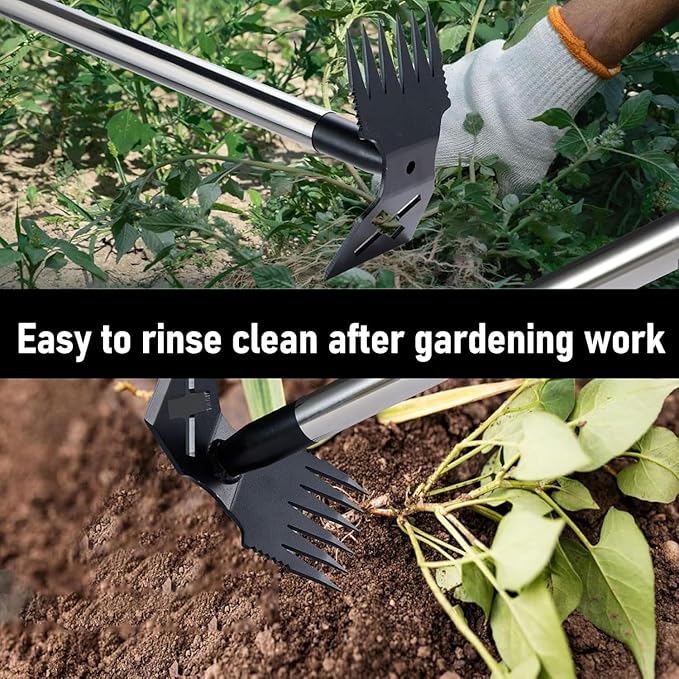 Long Handle Weed Puller Tool, 2-in-1 Handle Garden Hoe and Weed Rake, Adjustable Handle, Hoe Garden Tool for Home Gardens, Lawns, and Yards, Heavy Duty Weed Remover Tool for Gardening Planting