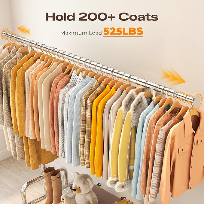 HOKEEPER Heavy Duty Clothes Rack Load 525 LBS, 75''W Adjustable Garment Rack, Rolling Clothing Rack for Hanging Clothes with Lockable Wheels, Portable Collapsible Closet Rack for Bedroom Laundry Room