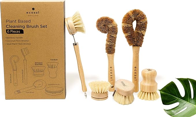 Bamboo Dish Brush Set, 6 Piece for Vegetable, and Kitchen Dish Cleaning, Sisal & Coconut Fibers with Bamboo Handles, Kitchen Brushes for Dishes, Pots, Pans