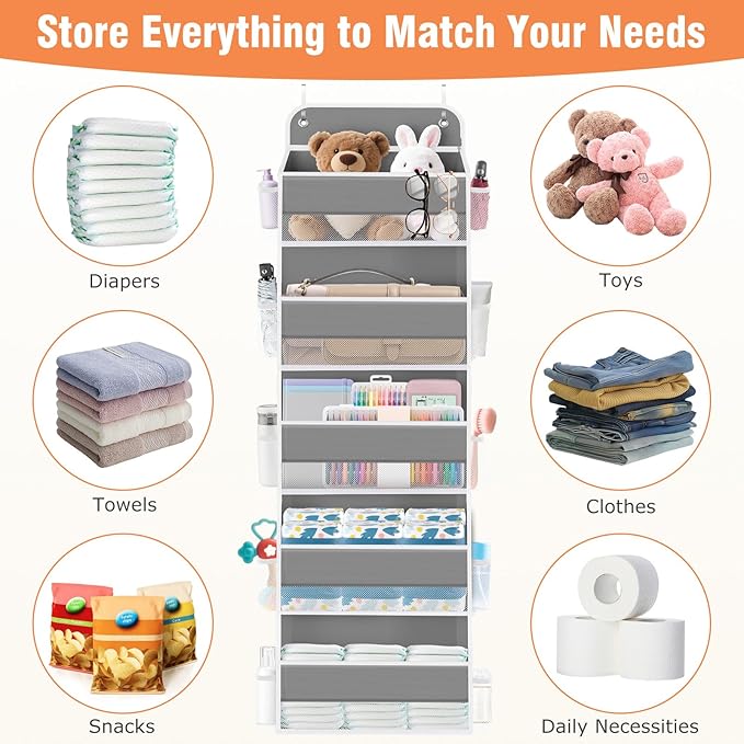 WISELIFE Over The Door Organizer - 5 Shelves Large Capacity Hanging Bedroom Storage Solution with Side Pockets for Dorm Bathroom Pantry Nursery and Baby Essentials Holds up to 40 Lbs (Grey)