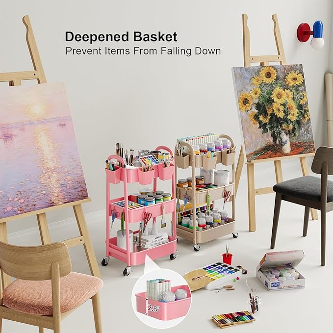 Khaki 3 Tier Rolling Cart Metal on Wheels, Three Tiered Storage Organizer Utility Trolley with Wheels for Art, Craft, Baby Diaper Caddy, Snack, Book, Nail, Lash, Cleaning Supplies, Kitchen, Bathroom
