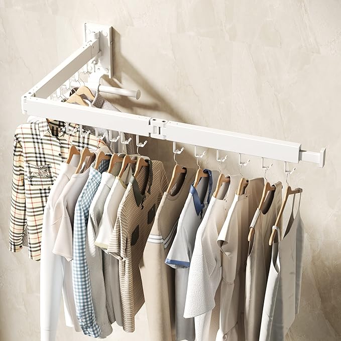 Wall Mounted Clothes Hanger Rack, Clothes Drying Rack,Laundry Drying Rack,Collapsible Clothes Rack Wall Mount, Retractable Drying Rack Clothing,can Fold Upward & Left & Right,White Color