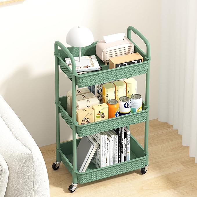 MOYIPIN 3-Tier Plastic Rolling Utility Cart with Handle,Utility Storage Cart for Office, Living Room, Kitchen,Movable Storage Organizer Shelves,Green