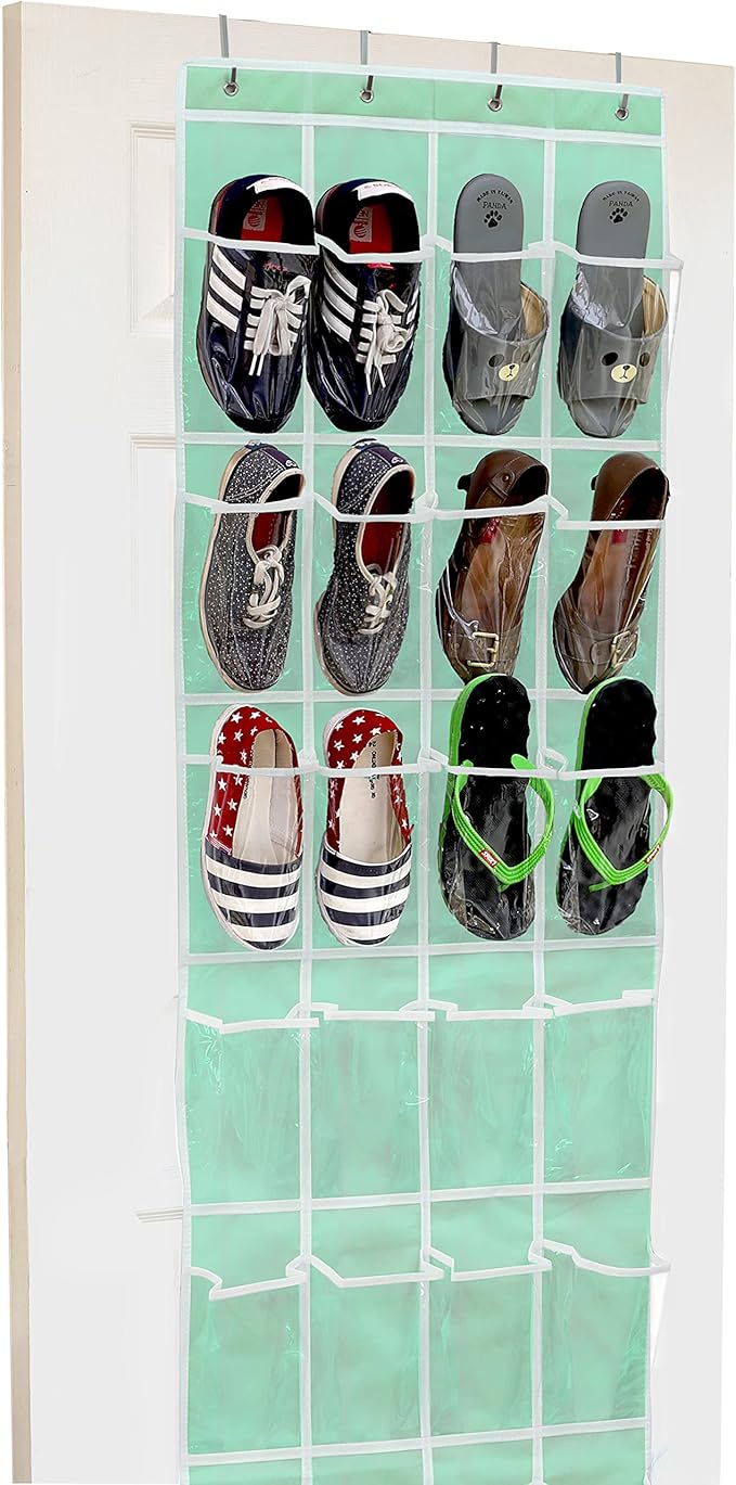 Simple Houseware 24 Pockets - Crystal Clear Over The Door Hanging Shoe Organizer, Turquoise (64'' x 19'')