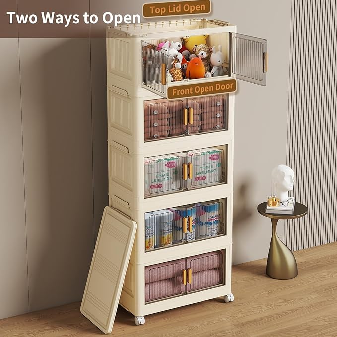 28 Qt Plastic Storage Bins with Lid, Collapsible Closet Organizer and Drawers, Stackable Storage Containers with Wheels, 5Pack