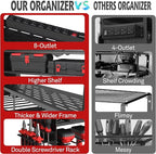 Power Tool Organizer with Charging Station, 4 Layers 8 Drill Holder Wall Mount,Metal Garage Rack with 10A Power Strip,Tool Shelves with Hooks,Drill Bit Storage, for Men Dad (Black)
