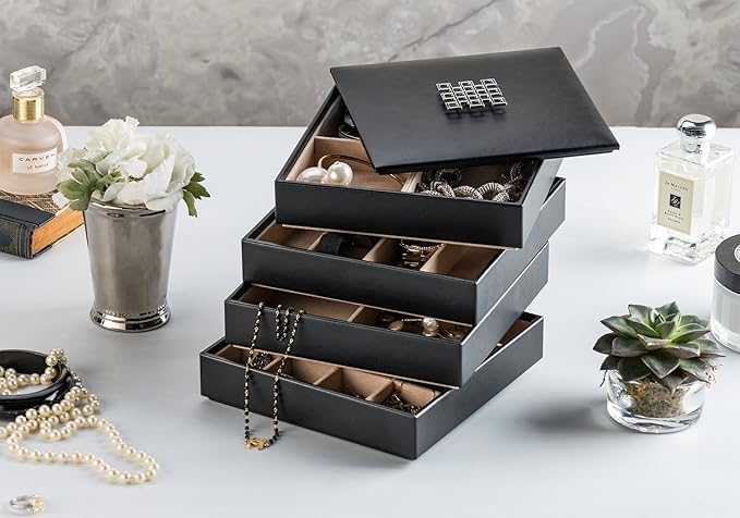 Jewelry Organizer Tray - 4 Stackable Trays & Lid with Mirror - 27 Slot Storage for Drawer, Dresser - Black