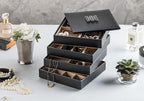 Jewelry Organizer Tray - 4 Stackable Trays & Lid with Mirror - 27 Slot Storage for Drawer, Dresser - Black
