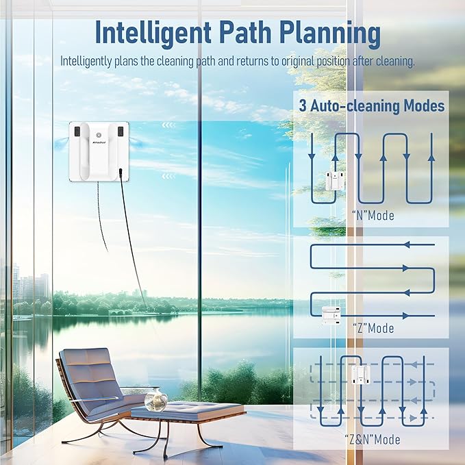 AlfaBot Window Cleaning Robot, Dual Nozzles with Ultrasonic Spray, 5000Pa Window Cleaner Robot with Edge Detection, 3 Intelligent Path Planning, Anti-Slipping System