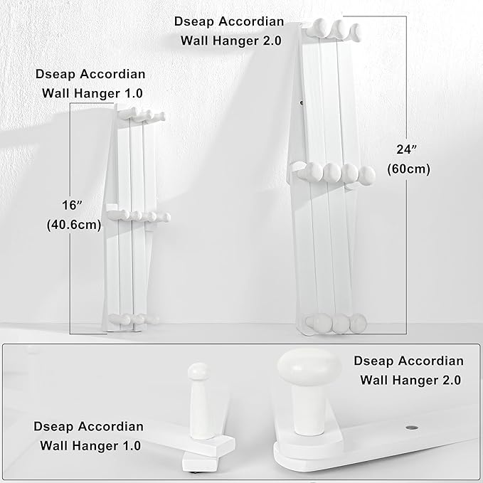 Dseap Expandable Coat Rack (Larger Version) - 24” High, Anti-Slip, Ultra Heavy Duty Wooden Accordian Wall Hanger with 10 Study Peg Hooks for Clothing Hats Jackets Bags, White