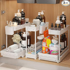 3 Pack Multi-Purpose Under Sink Organizers and Storage, 2026 L-Shaped Pull Out Cabinet Organizer for Bathroom & Kitchen, Under Cabinet Organizer with Hooks Hanging Cup, White, Elevated