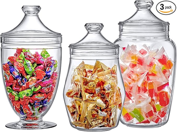 Amazing Abby - Enchant - Plastic Apothecary Jars (3-Piece Set, 46/45/59 oz), Acrylic Jars with Lids, Bathroom Canisters, Candy Buffet, Wedding Display, BPA-Free and Shatter-Proof (NOT Glass)