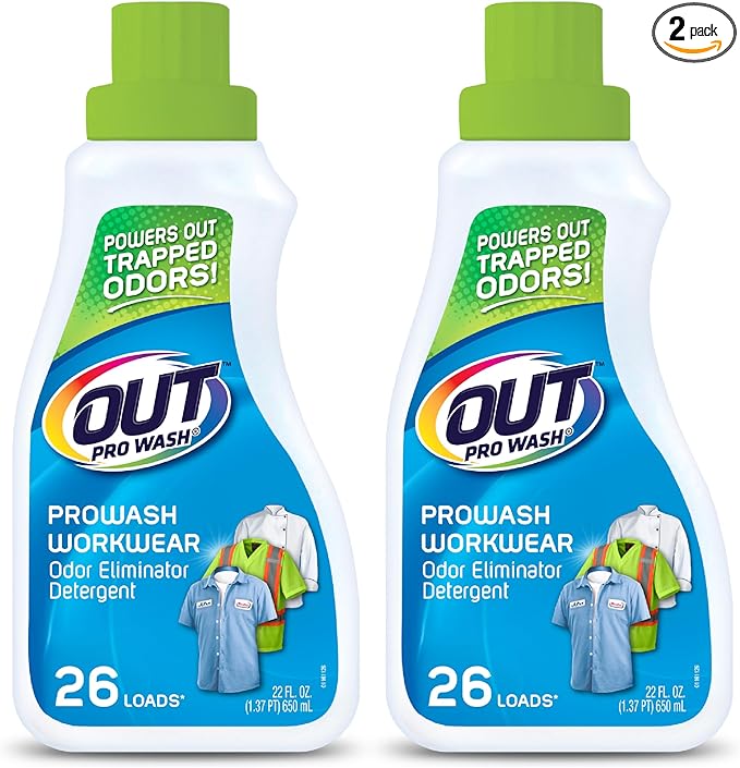 OUT ProWash Workwear Stain Remover Laundry Detergent and Odor Eliminator, Great for Work Clothes, Uniforms, Active Wear, and More, Made in the USA, 22 Ounce Bottle, 2-Pack