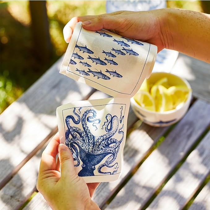 Coastal Cocktail Napkin Roll of 50 | 100% Cotton Quick Dry Reusable | Perfect for Home, Dining, Birthday, Gifts | Blue and White, 4.5W X 4.5L